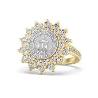 Furman University Class Ring | Gold and silver ring with Furman University emblem on a white background