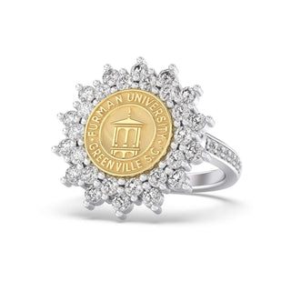 Furman University Class Ring | Gold ring with Furman University emblem and diamond accents on a white background