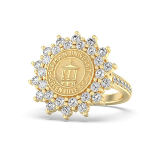 Furman University Class Ring | Gold ring with diamond accents featuring Furman University logo on a white background