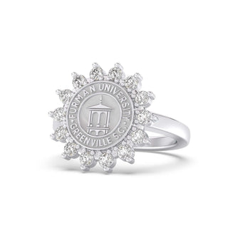 Furman University Class Ring | Silver ring with Furman University emblem and diamond accents on a white background