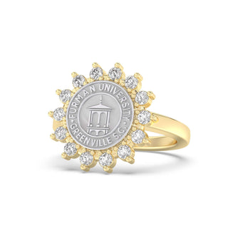 Furman University Class Ring | Gold ring with diamond accents featuring Furman University logo on a white background