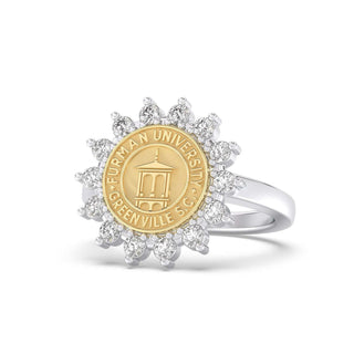 Furman University Class Ring | Gold ring with Furman University emblem and diamond accents on a white background