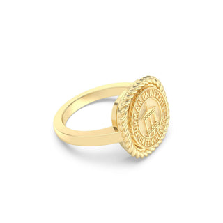 Furman University Class Ring | Gold ring with a circular emblem on a white background