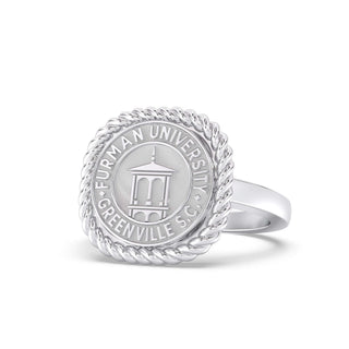 Furman University Class Ring | Silver ring with 'Furman University' emblem on a white background