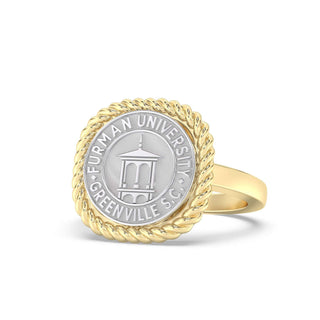Furman University Class Ring | Gold ring with Furman University Greenville, SC emblem on a white background
