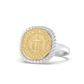 Furman University Class Ring | Gold and silver ring with Furman University emblem on a white background