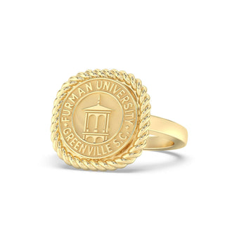 Furman University Class Ring | Gold ring with Furman University seal on a white background