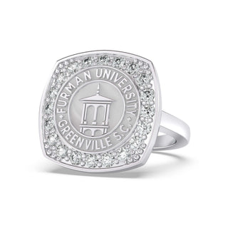 Furman University Class Ring | Silver ring with Furman University seal and gemstones on a white background