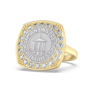Furman University Class Ring | Gold and silver ring with Furman University seal on a white background