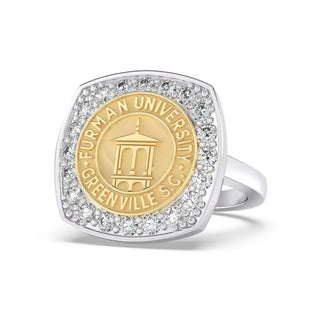Furman University Class Ring | Gold and silver ring with Furman University emblem on a white background