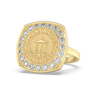Furman University Class Ring | Gold ring with diamond accents featuring Furman University seal on a white background