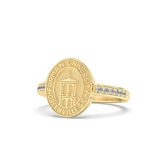 Furman University Class Ring | Gold ring with Furman University logo and diamonds on a white background