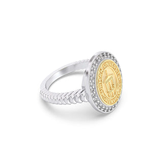 Furman University Class Ring | Silver ring with a gold emblem on a white background