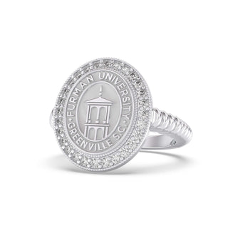 Furman University Class Ring | Silver ring with 'Furman university' emblem and diamond accents on a white background