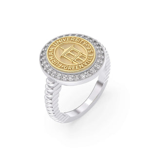 Furman University Class Ring | Silver ring with a gold emblem featuring 'Furman University' on a white background