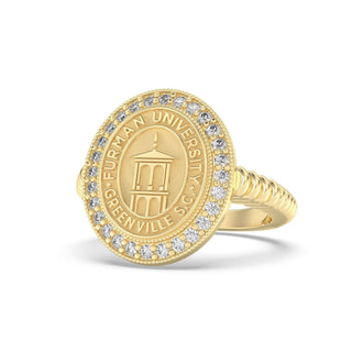 Furman University Class Ring | Gold ring with Furman University emblem and gemstones on a white background