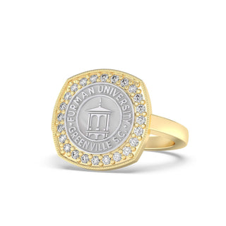 Furman University Class Ring | Gold ring with Furman University seal and diamonds on a white background