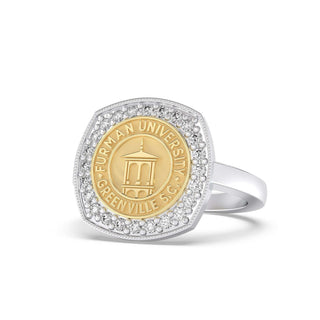 Furman University Class Ring | Gold and silver ring with Furman University emblem on a white background