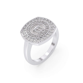 Furman University Class Ring | Silver ring with engraved text and design on a white background
