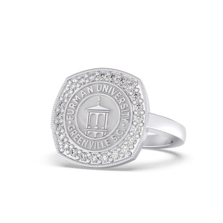 Furman University Class Ring | Silver ring with Furman University logo on a white background