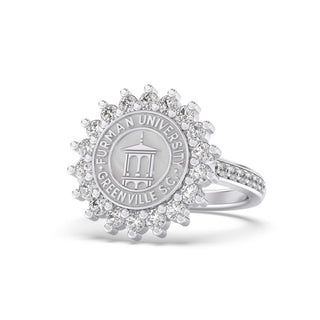 Furman University Class Ring | Silver ring with 'Furman University' emblem on a white background