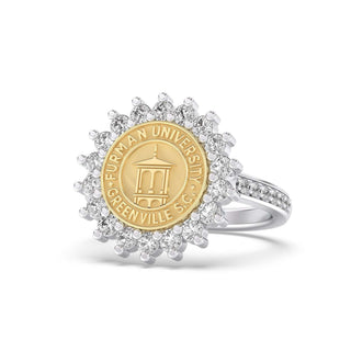 Furman University Class Ring | Gold ring with Furman University emblem and diamond accents on a white background