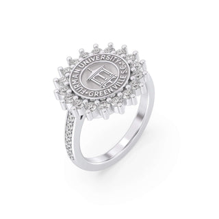 Furman University Class Ring | Silver ring with a university emblem on a white background