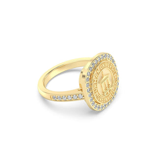 Furman University Class Ring | Gold ring with a circular emblem and diamond accents on a white background