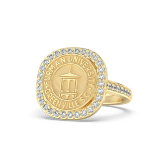 Furman University Class Ring | Gold ring with Furman University seal and diamonds on a white background