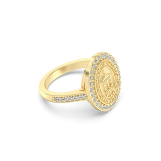 Furman University Class Ring | Gold ring with a circular emblem and diamond accents on a white background