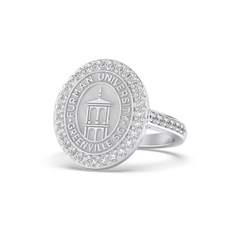 Furman University Class Ring | Silver ring with 'Furman University' emblem on a white background