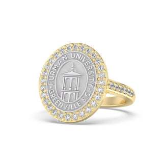 Furman University Class Ring | Gold ring with 'Furman University' emblem on a white background