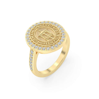 Furman University Class Ring | Gold ring with engraved design and small diamonds on a white background