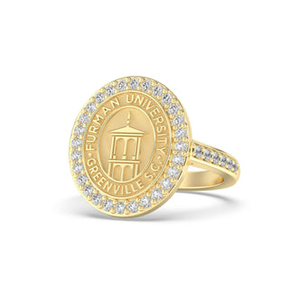 Furman University Class Ring | Gold ring with Furman University seal and diamonds on a white background