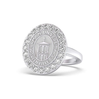 Furman University Class Ring | Silver ring with 'Furman University' emblem on a white background