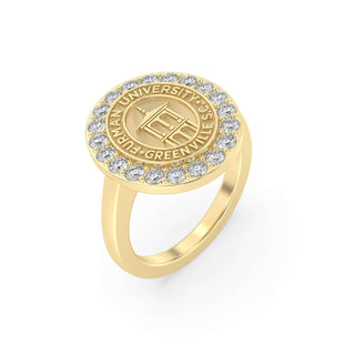 Furman University Class Ring | Gold ring with gemstones and a logo on a white background