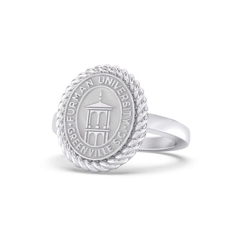 Furman University Class Ring | Silver ring with Furman University seal on a white background