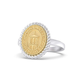 Furman University Class Ring | Gold and silver ring with Furman University emblem on a white background
