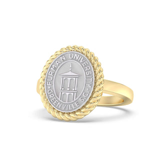 Furman University Class Ring | Gold ring with Furman University seal on a white background