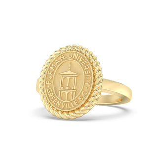 Furman University Class Ring | Gold ring with Furman University emblem on a white background