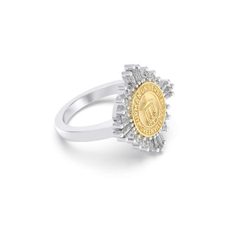 Furman University Class Ring | Silver ring with a gold emblem and diamond accents on a white background