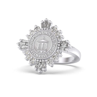 Furman University Class Ring | Silver ring with Furman University Greenville SC emblem on a white background