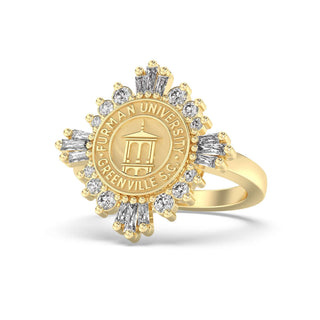  Furman University Class Ring | Gold ring with Furman University Greenville SC emblem and diamond accents on a white background