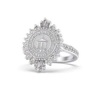 Furman University Class Ring | Silver ring with Furman University emblem on a white background