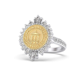Furman University Class Ring | Gold and silver ring with Furman University emblem on a white background
