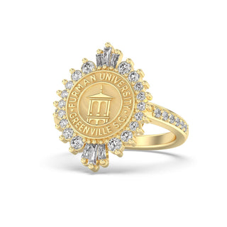 Furman University Class Ring | Gold ring with Furman University Greenville SC emblem and diamonds on a white background