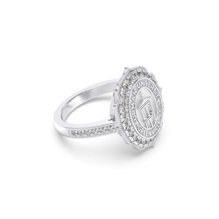 Silver ring furman university seal with a detailed emblem on a white background