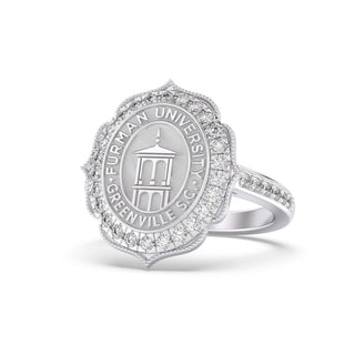 silver Furman University Silver graduation ring on a white background