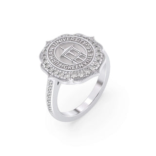 vertical view of a furman university graduation class ring in silver or white gold