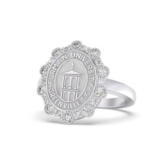 Furman University Class Ring | Silver ring with 'Furman University' emblem on a white background